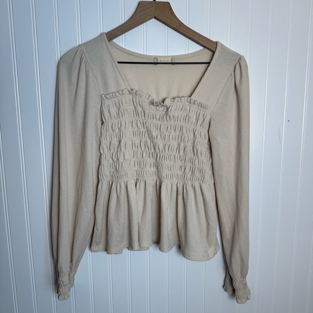 Altar'd State Julie Waffle Knit Smocked Peplum Peasant Sleeve Square Neck Top L